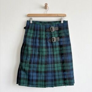 USA Kilts Green Blue Tartan Plaid Kilt Leather Buckle Straps 29 Waist 23.5 L
